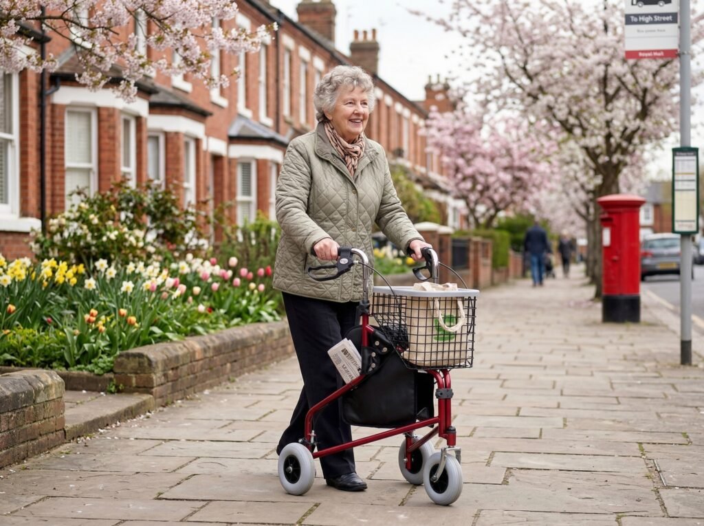 Elderly lady using a rollator in Spring