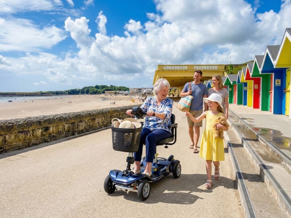 Elderly lady driving mobility scooter through Barry Island
