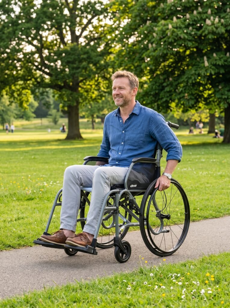 Man in a lightweight Aero Carbon wheelchair in a park