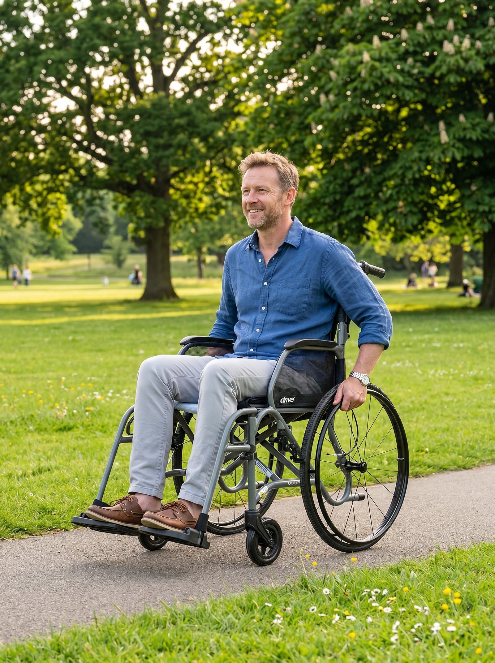 Man in a lightweight Aero Carbon wheelchair in a park