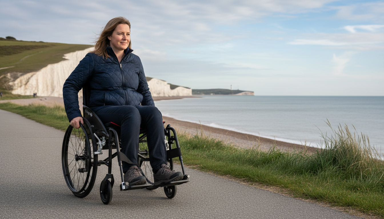 Woman in a manual wheelchair on a coastal path by the cliffs
