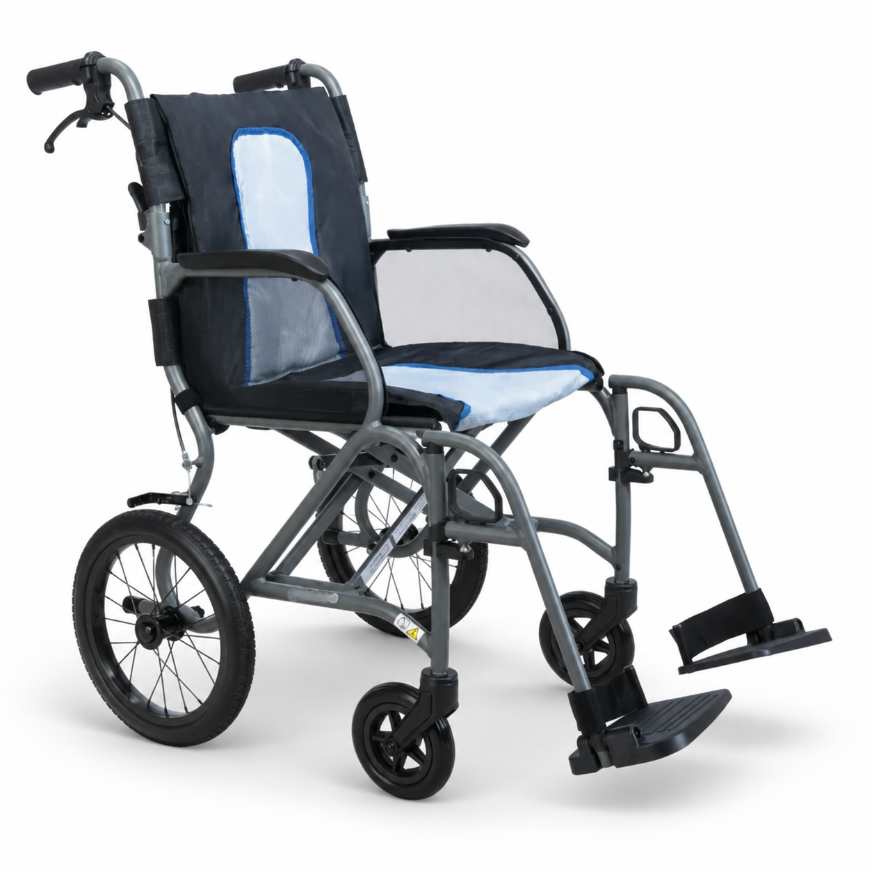 Aero MG attendant wheelchair in silver with blue seat