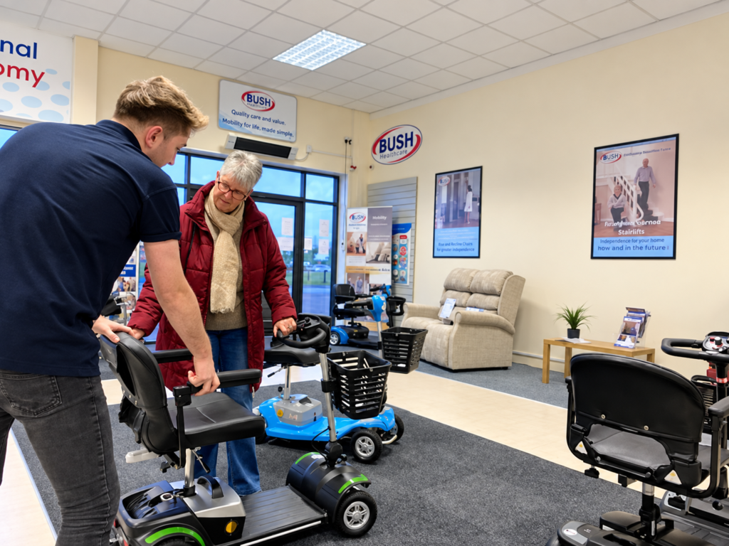 Bush Healthcare staff showing a customer a mobility scooter in the Swansea store