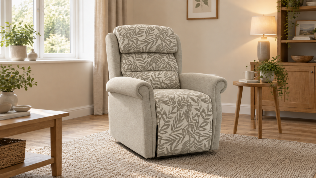Grosmont riser recliner in leaf-patterned fabric in a living room