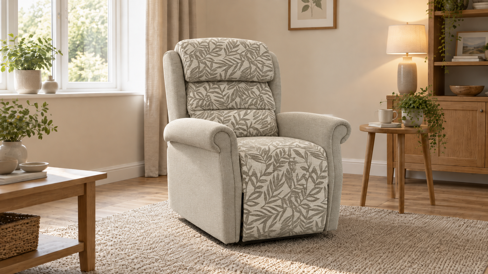 Grosmont riser recliner in leaf-patterned fabric in a living room