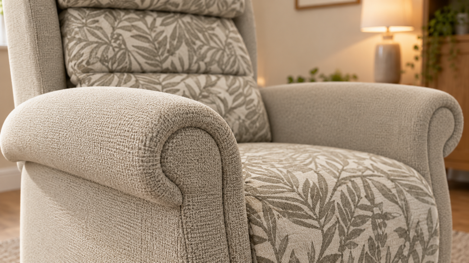 Rounded scroll arms on the Grosmont riser recliner