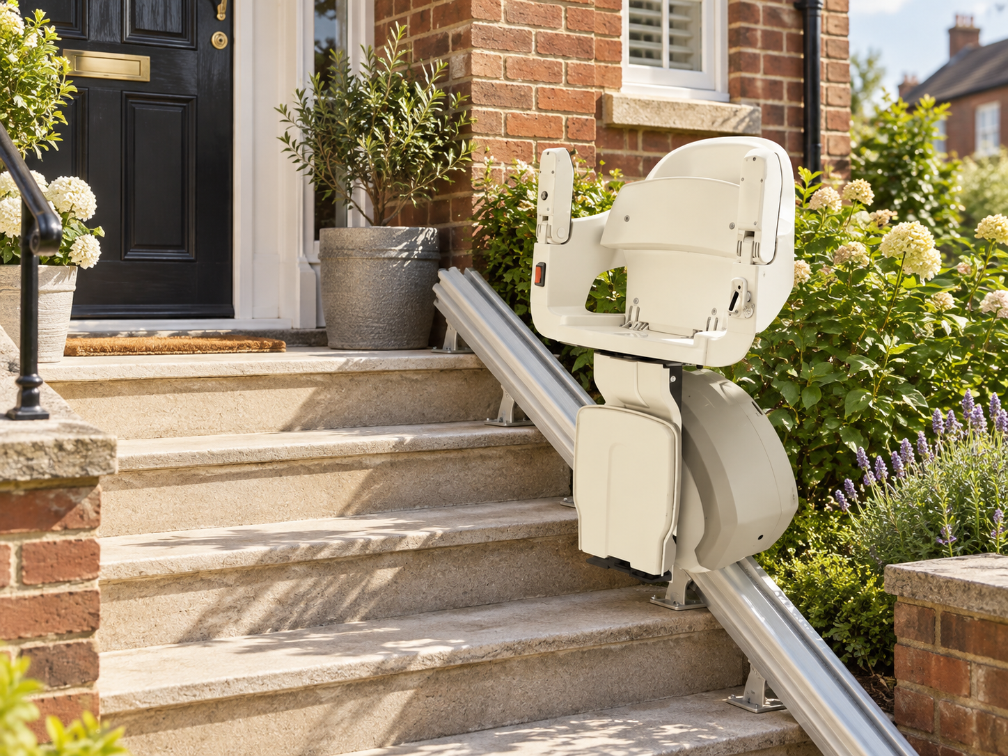 HomeGlide outdoor stairlift fitted to the front steps of a house