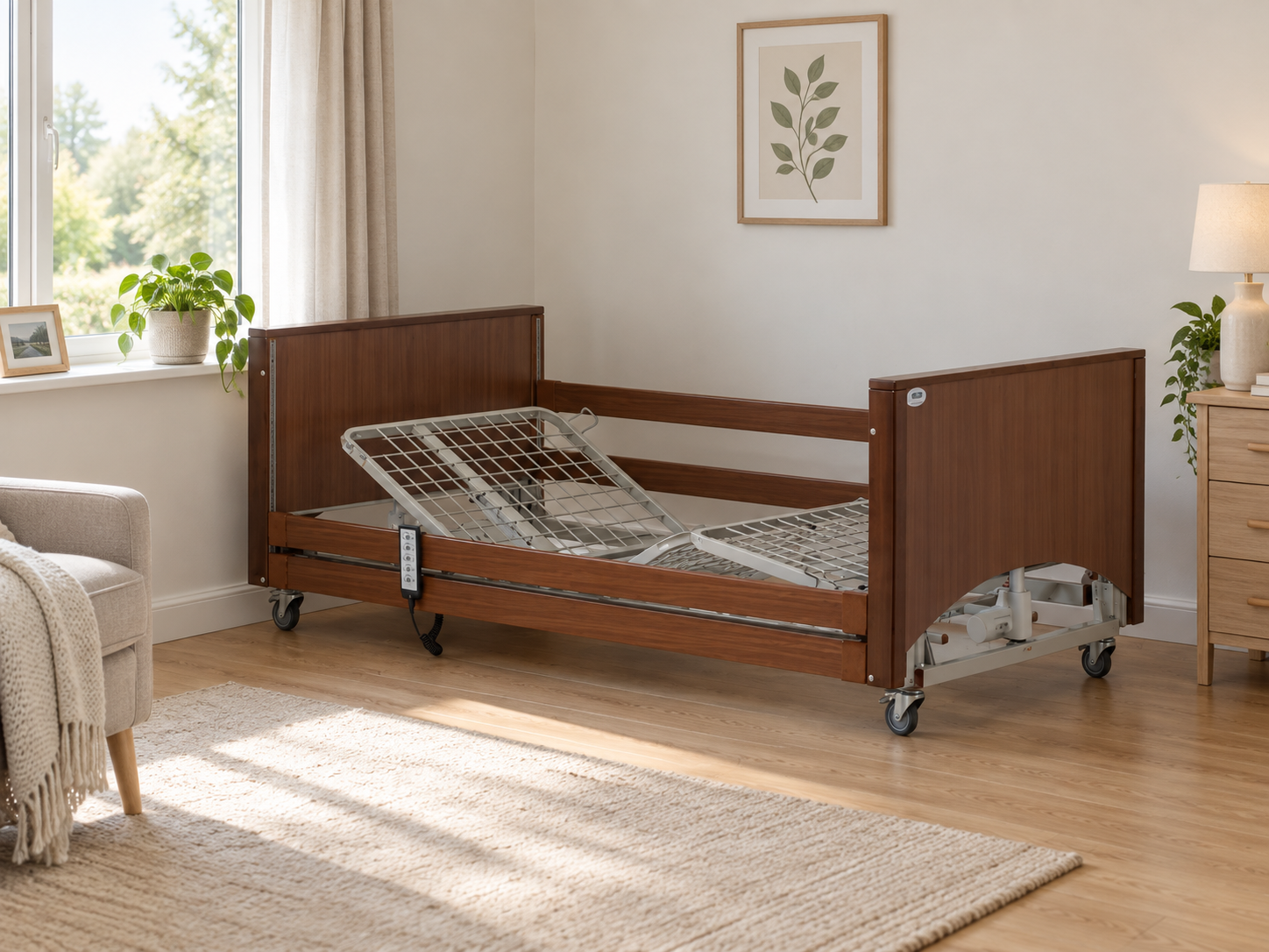 Alerta Lomond care bed in walnut with side rails