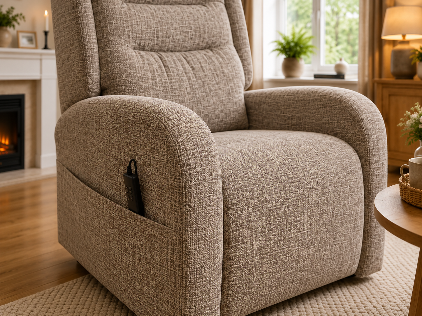 Chepstow riser recliner with straight profile arms and a side pocket