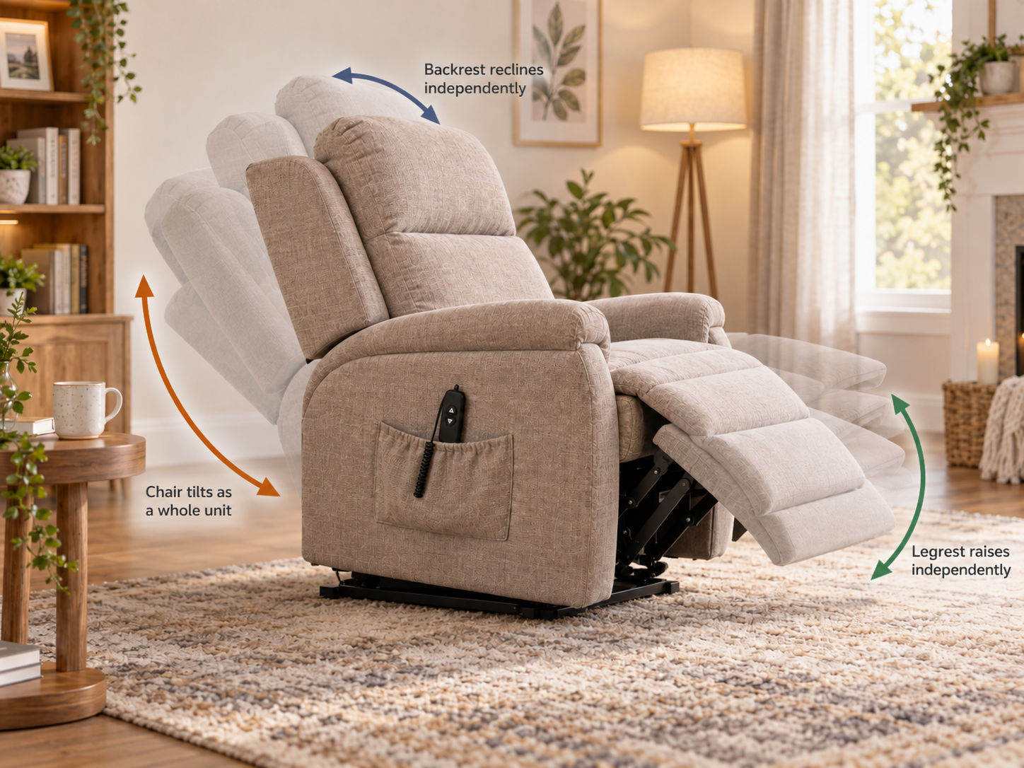 Riser recliner in neutral fabric showing the double tilt mechanism