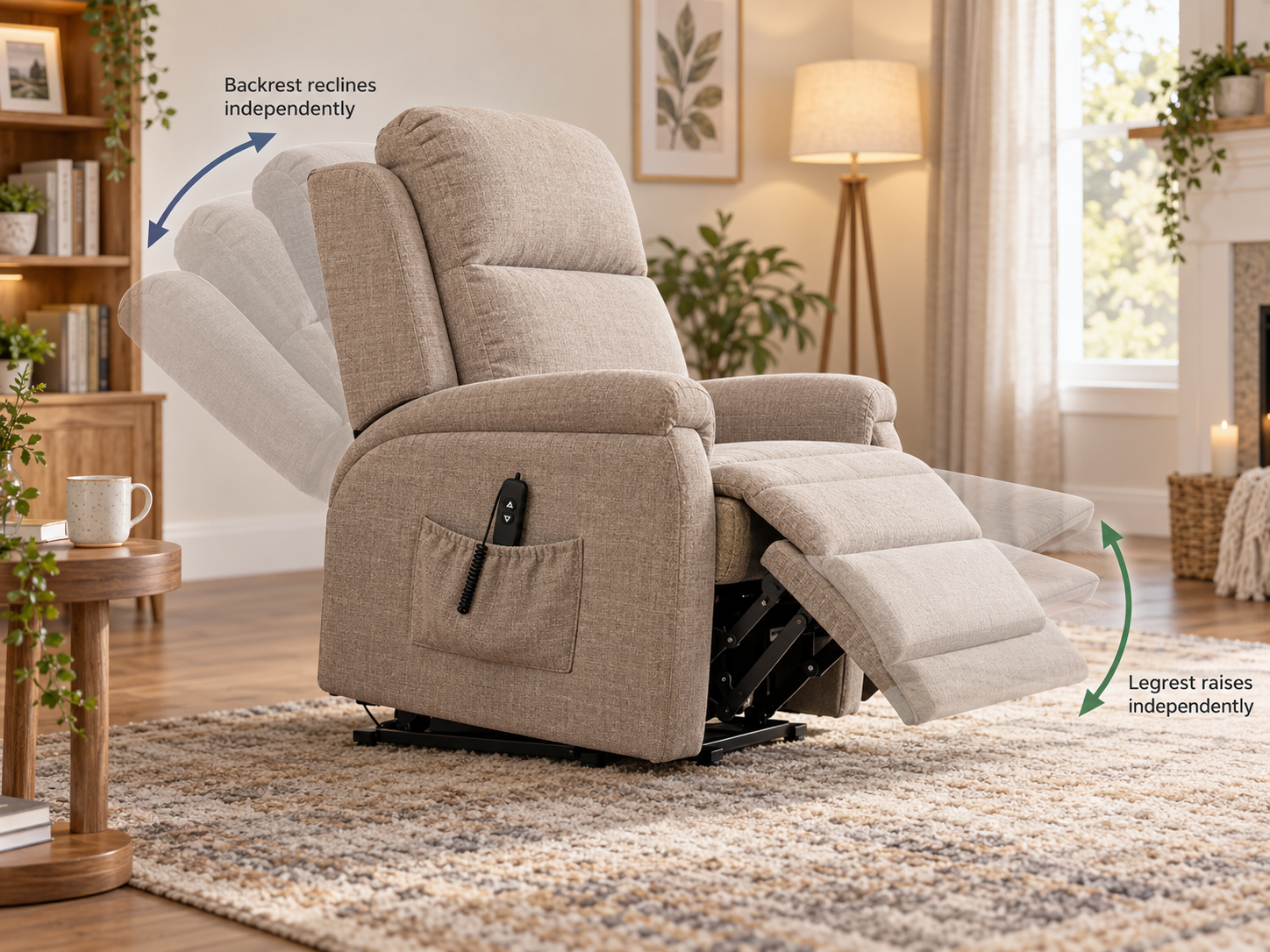 Riser recliner in neutral fabric showing the dual motor mechanism