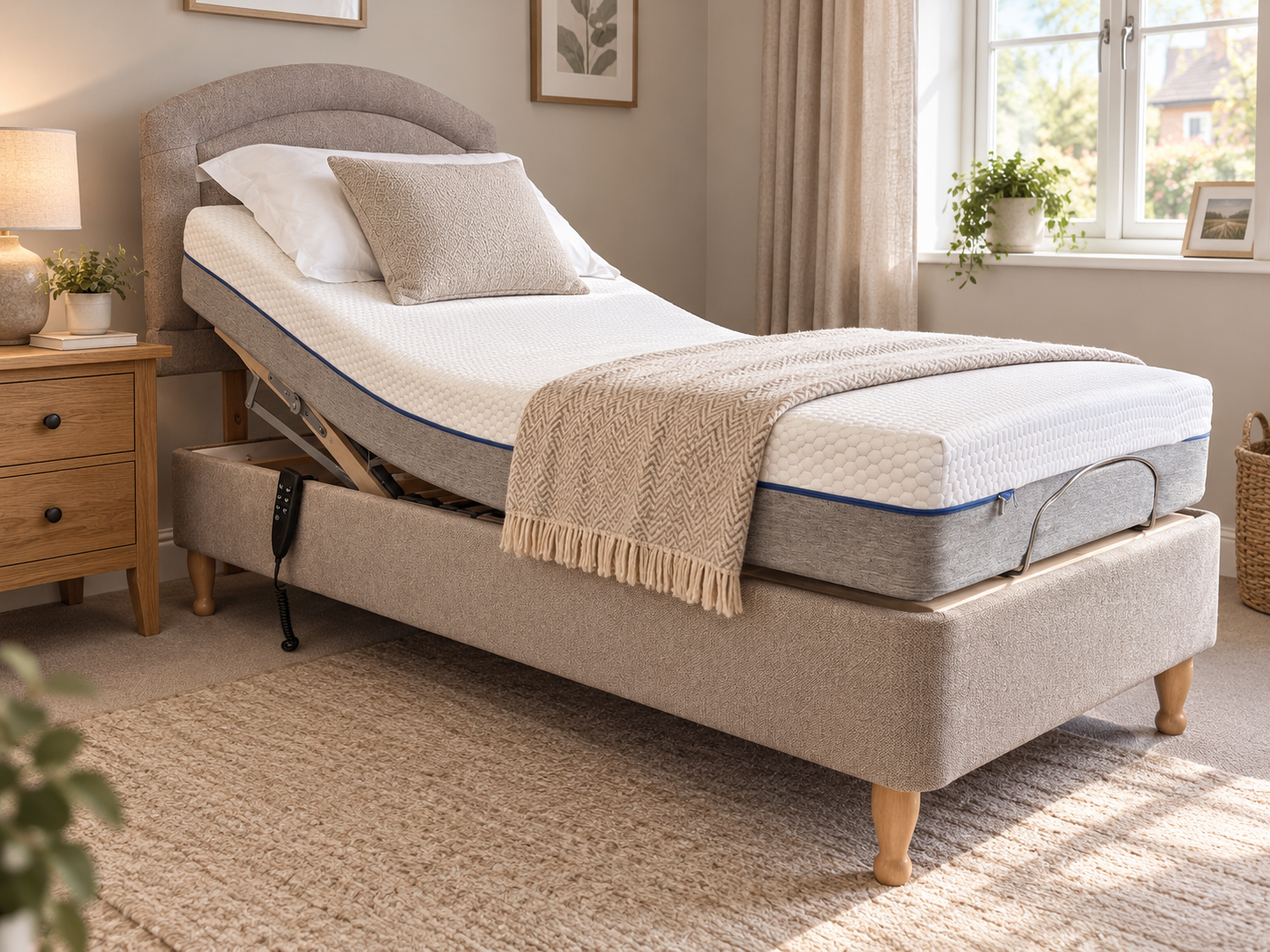 Adjustable bed with head and foot raised in a bedroom