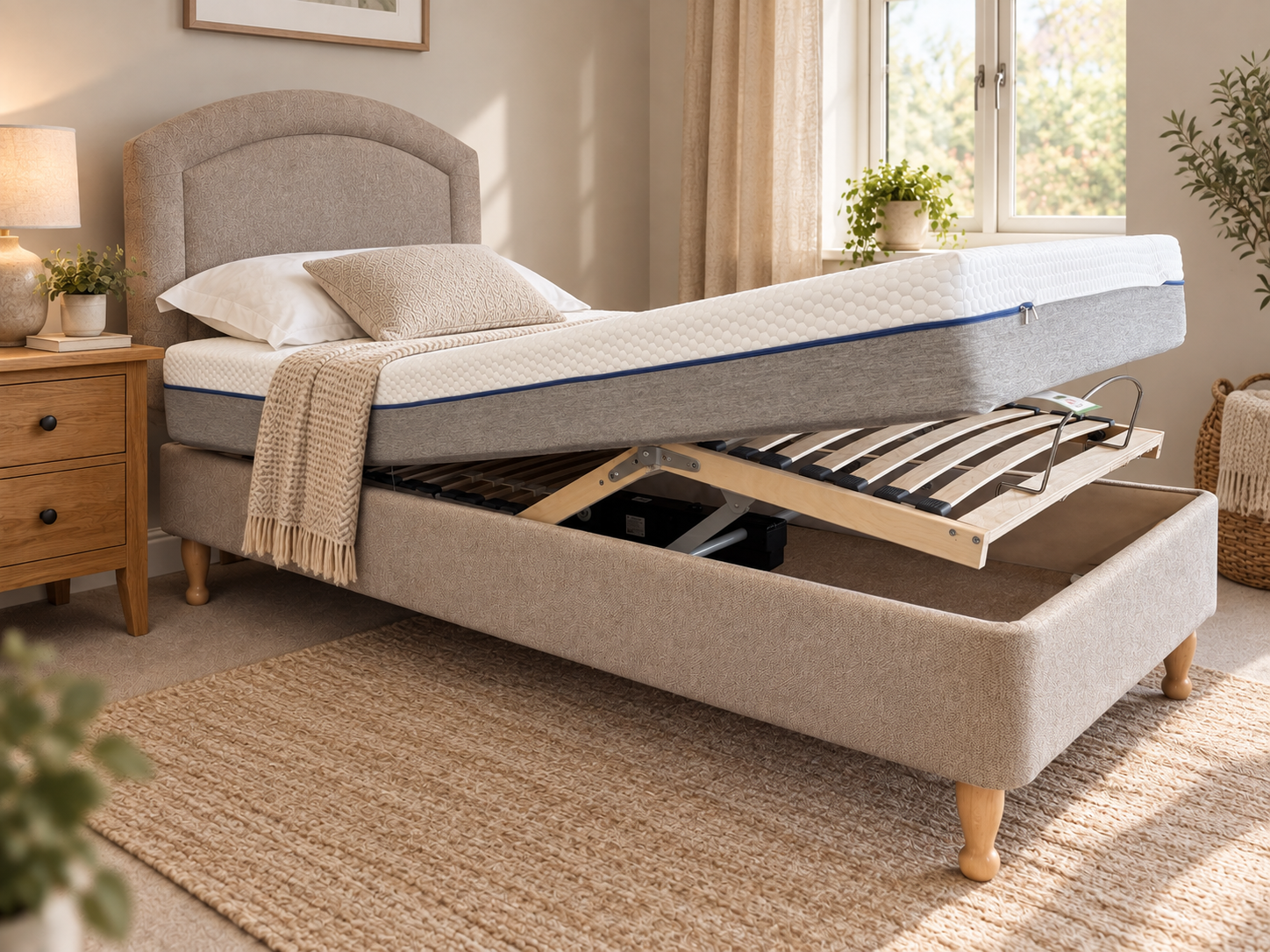 Executive adjustable bed with the head section raised