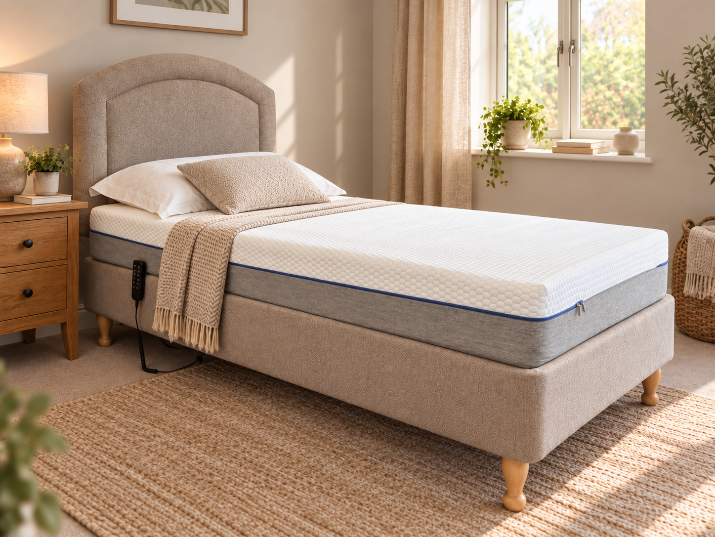 Executive adjustable bed with a padded headboard in a bedroom