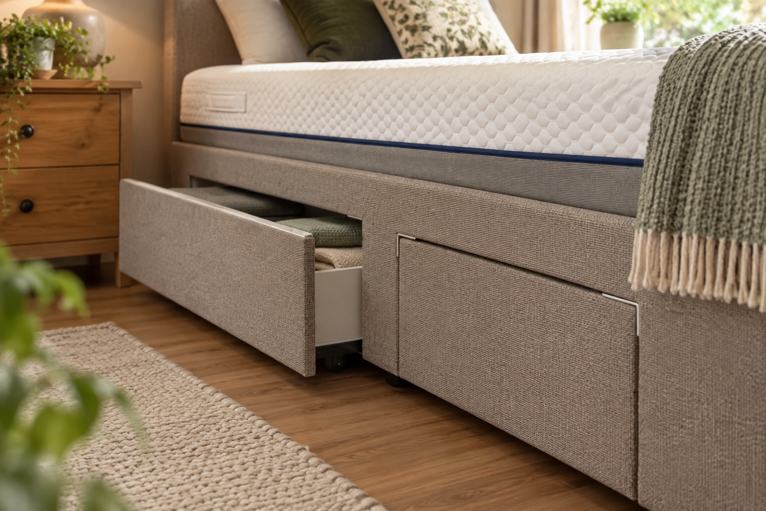 Executive bed base with built-in storage drawers
