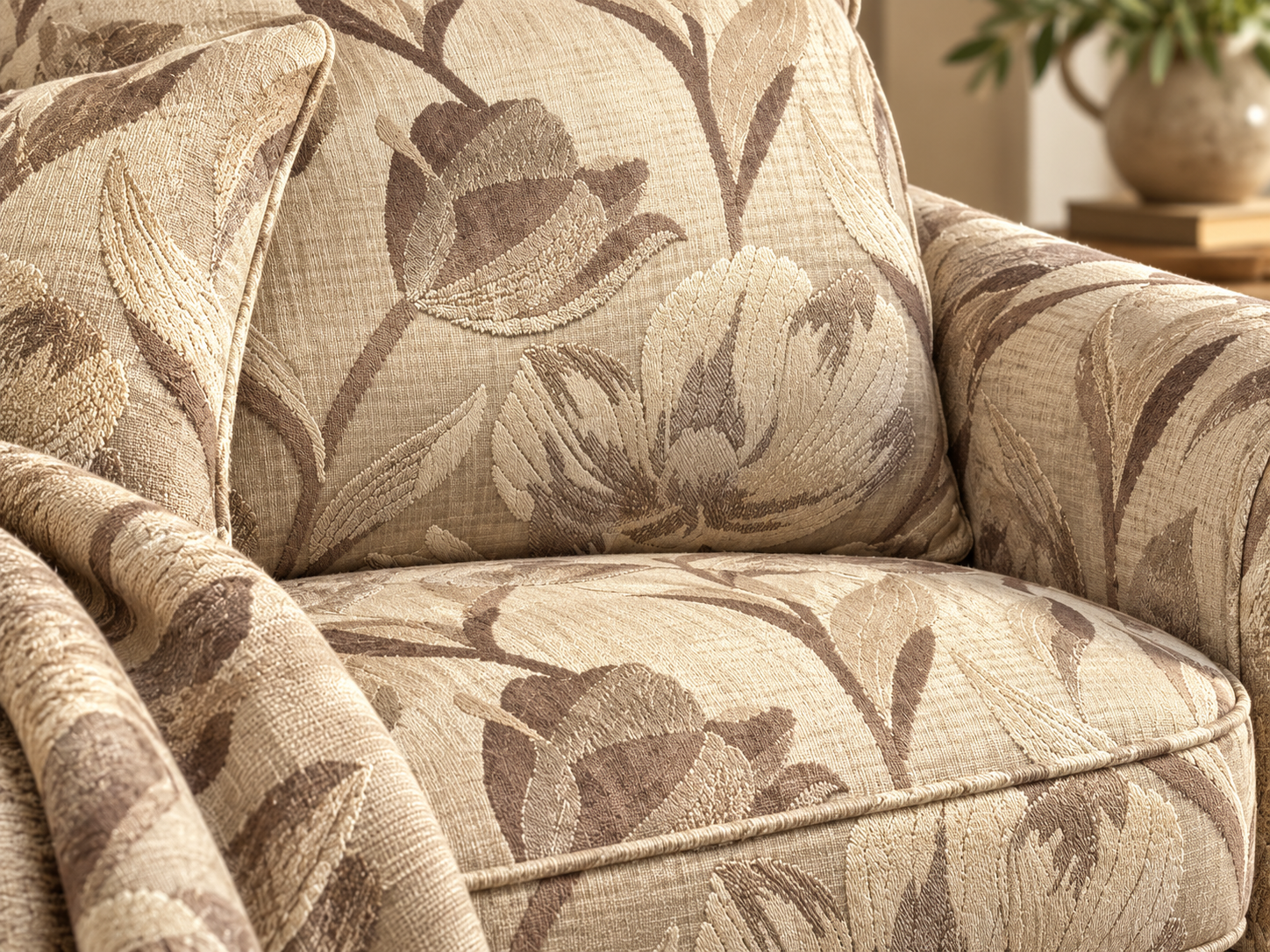 Close-up of leaf-patterned fabric on a Castle Range chair