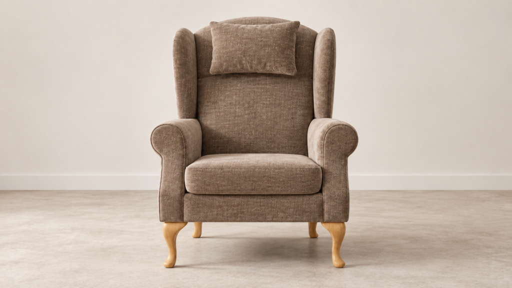 Wingback fireside chair in neutral fabric
