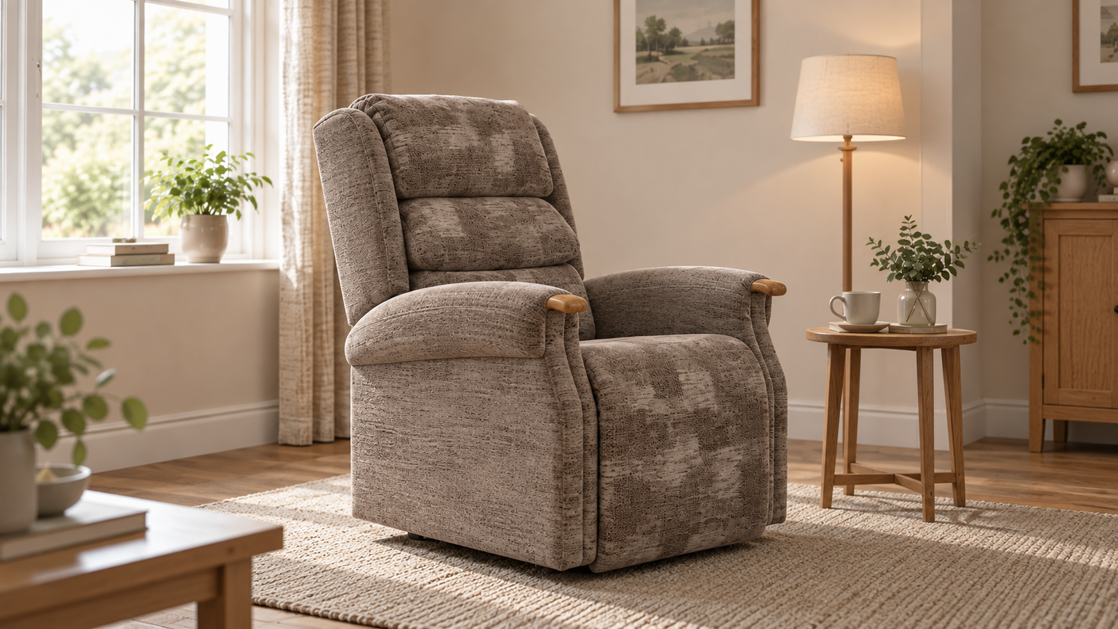 Pembridge riser recliner in brown fabric in a living room
