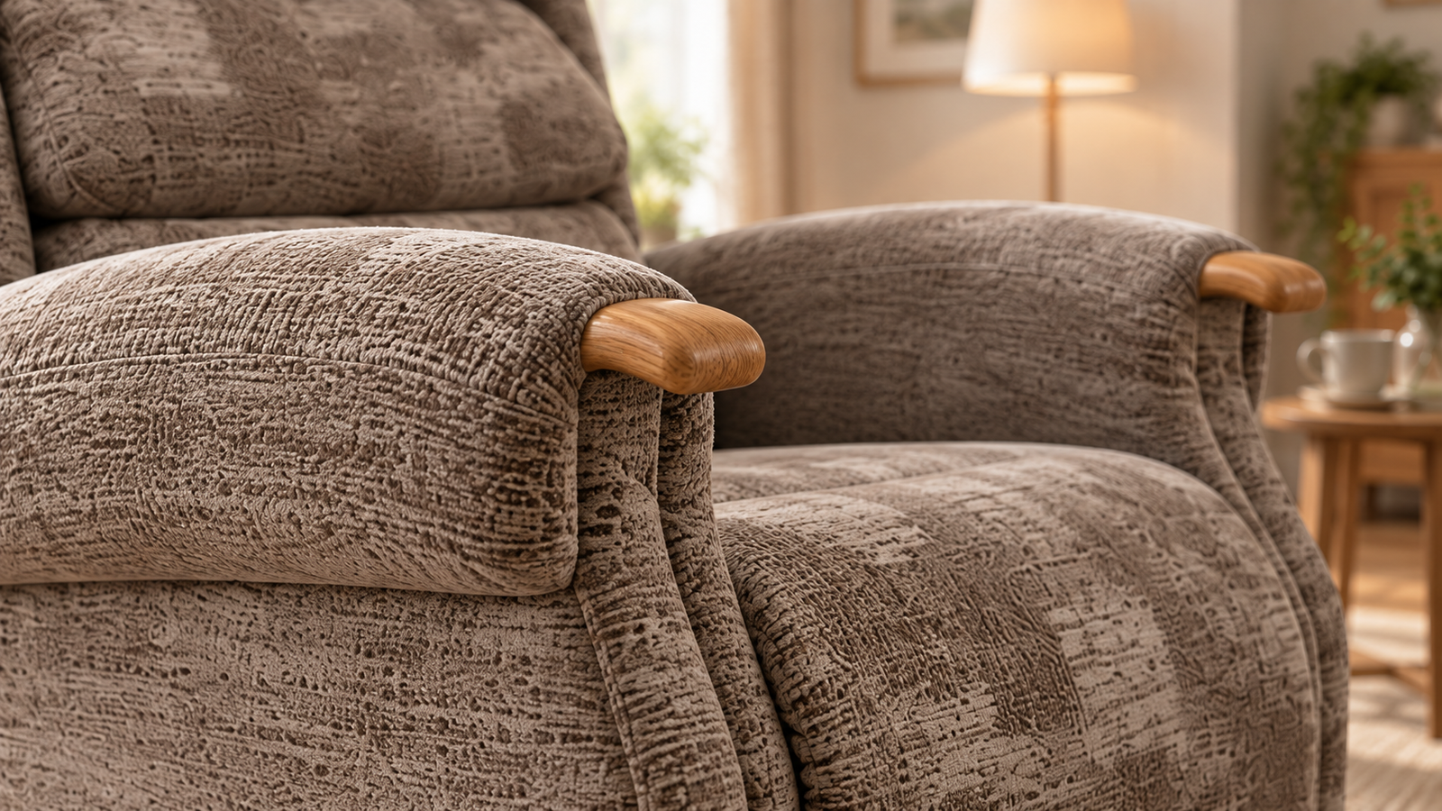 Close-up of the Pembridge riser recliner arm with a wooden knuckle