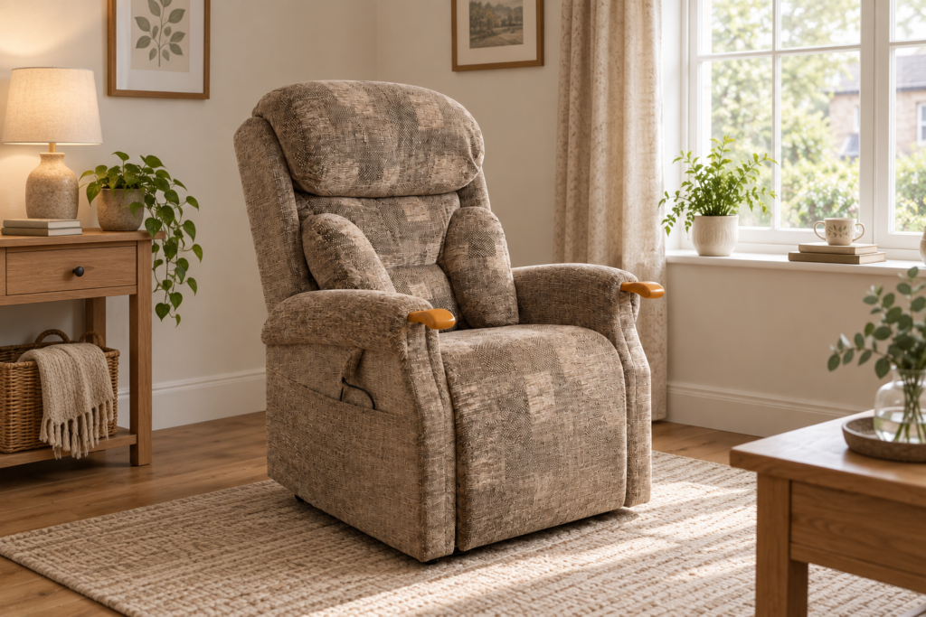 Raglan riser recliner in patterned fabric in a living room