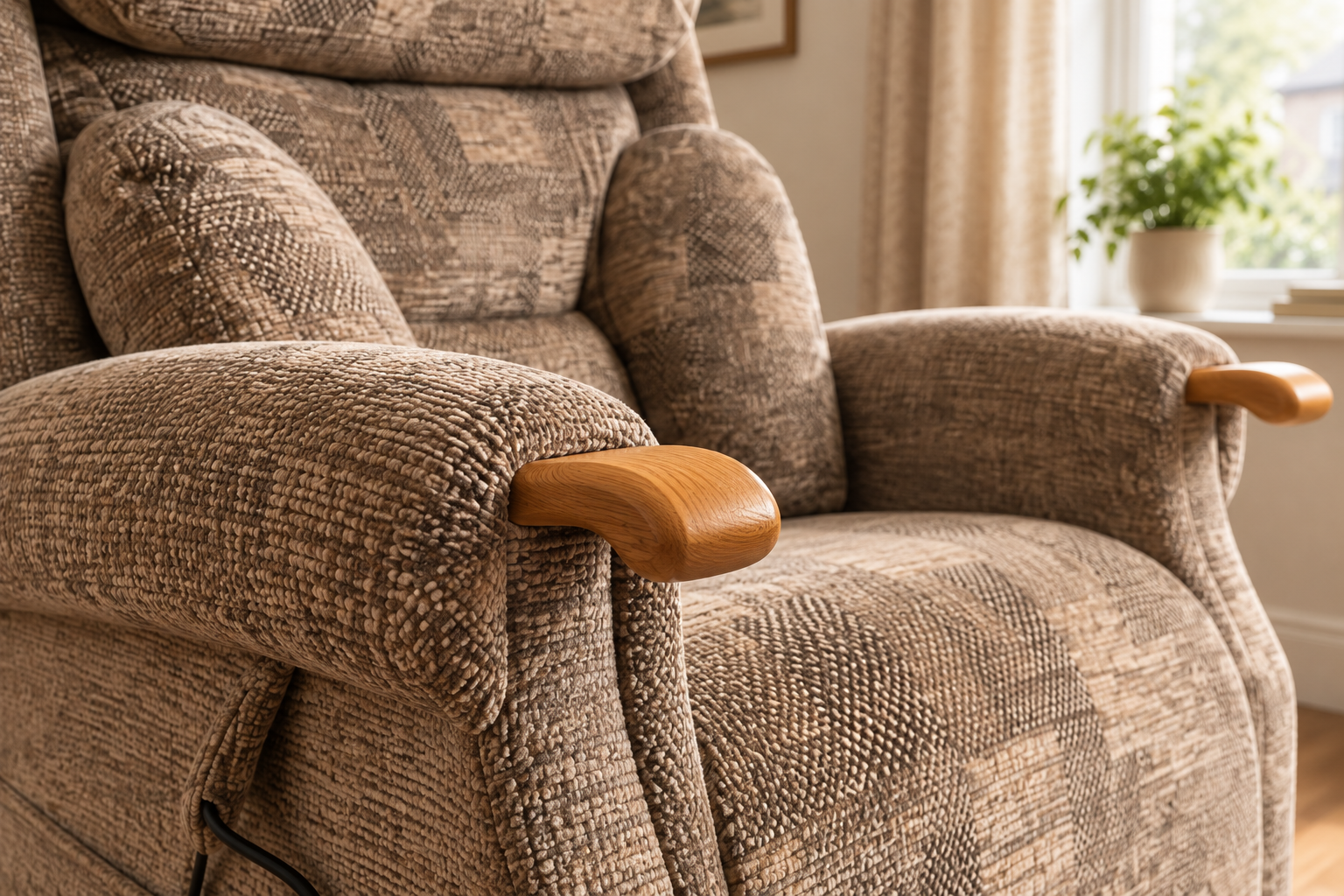 Raglan riser recliner arm with wooden knuckles to grip