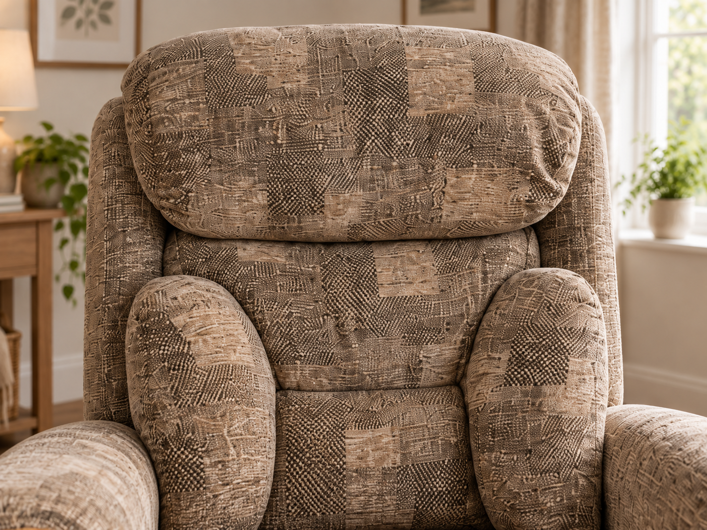 Close-up of the cushioned back on the Raglan riser recliner