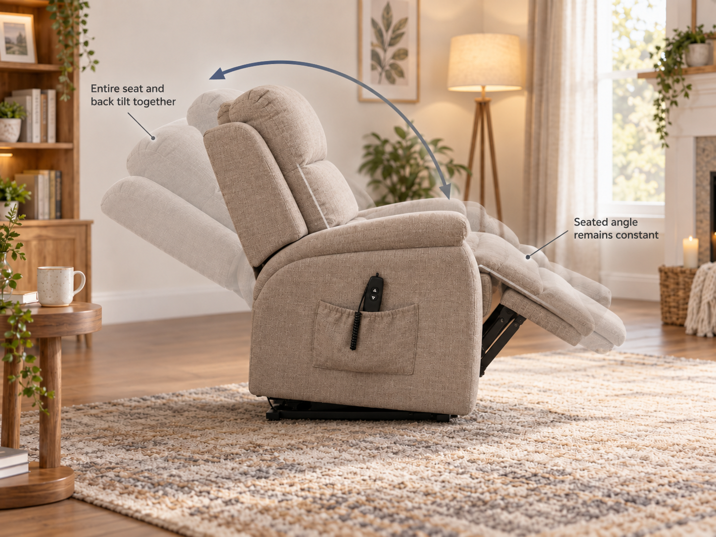 Riser recliner in neutral fabric showing the single tilt mechanism