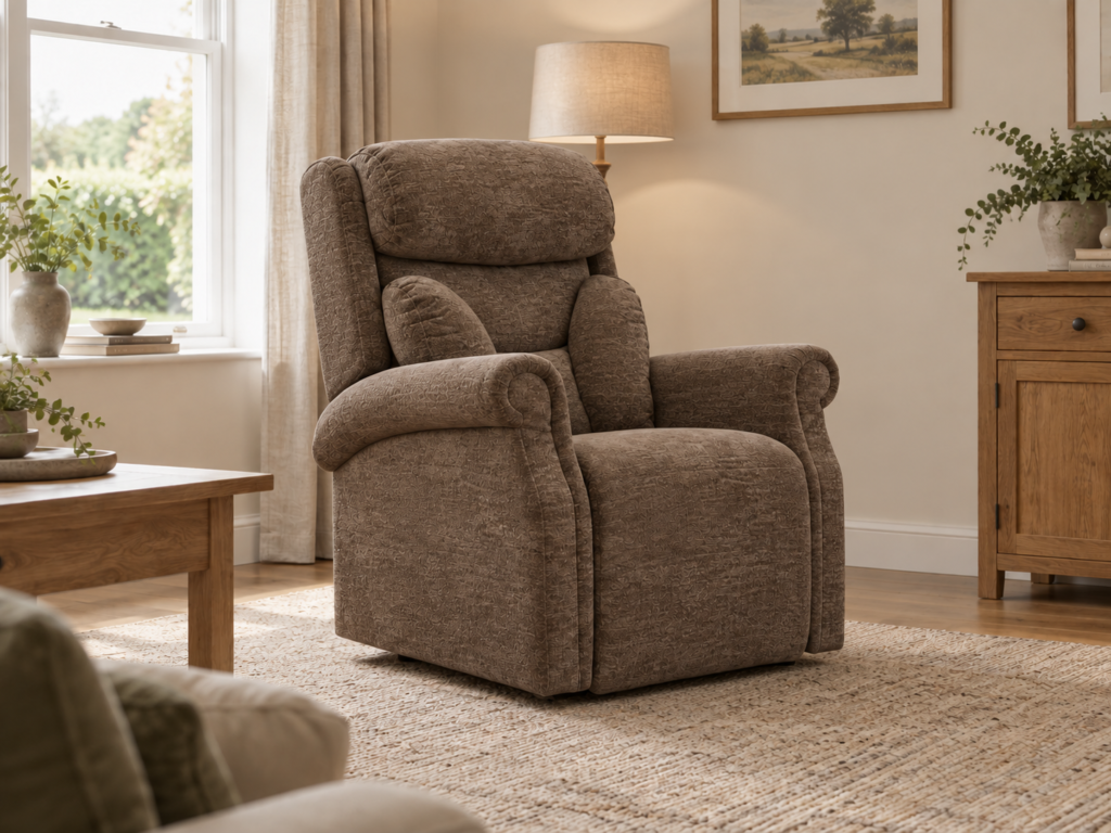 Skenfrith riser recliner in brown fabric in a living room